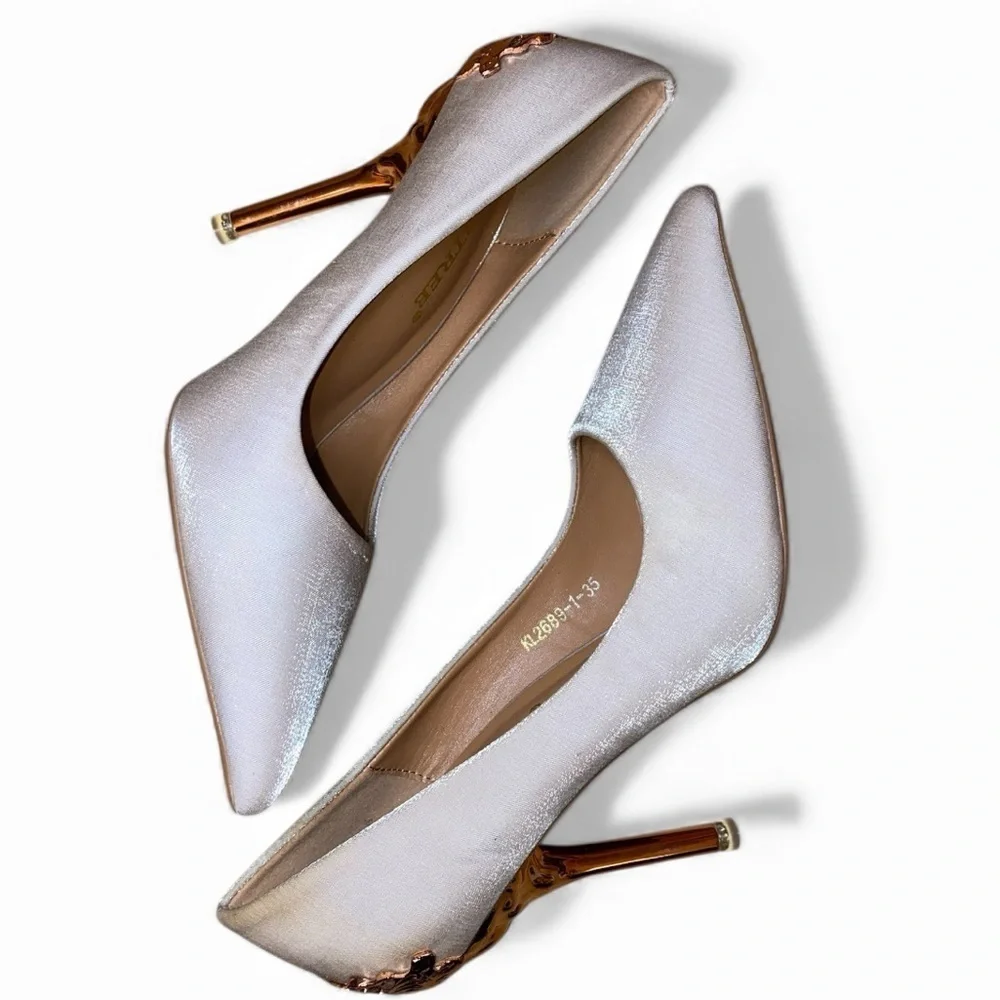 BIGTREE Champagne Beige Pumps Rose Gold Stiletto Ornate Metal Heels SZ US 5/EU35